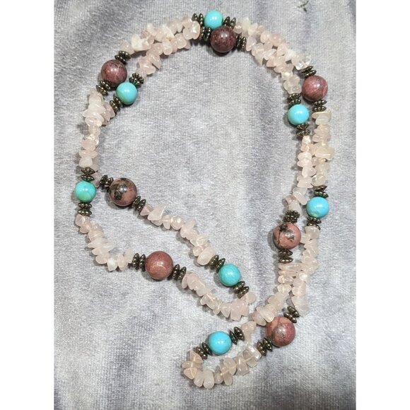 Vintage Handmade Rose Quartz Turquoise And Agate Beaded Necklace - Picture 4 of 4
